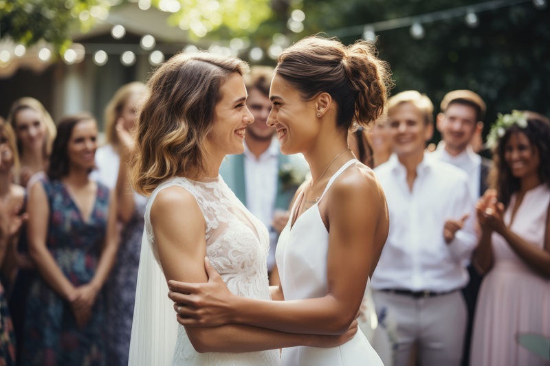 Young female couple having a wedding and getting married in their backyard